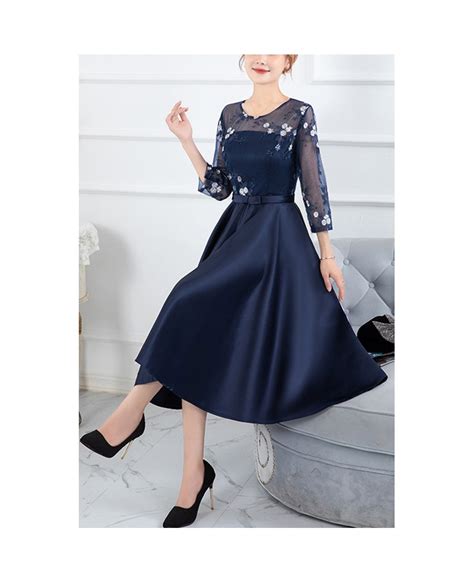 Navy Blue Semi Formal Wedding Party Dress With Sheer 34 Sleeves J1643
