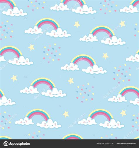 Hand Drawn Clouds Rainbows Seamless Pattern Vector Illustration Stock
