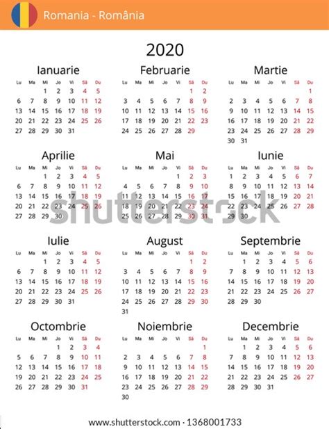 Calendar 2020 Year Romania Country Romanian Stock Vector Royalty Free