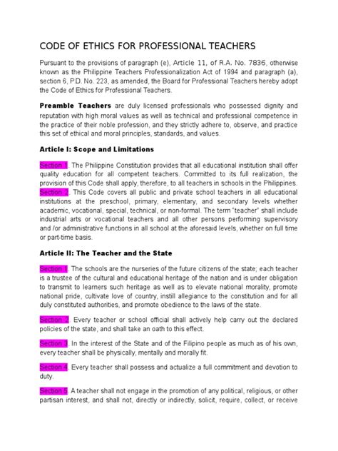 Code Of Ethics For Professional Teacher Jen Pdf Profession Teachers