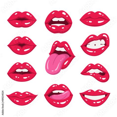 Red Lips Collection Vector Illustration Of Sexy Womans Lips Expressing Different Emotions