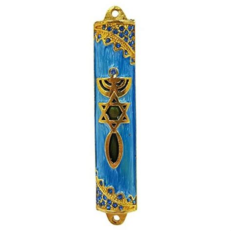 Messianic Mezuzah With Scroll For Door Blue Enamel And Crystals Etsy