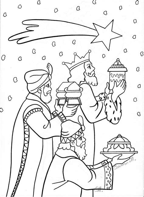 The star that would bring them to bethlehem. Three Wisemen following star | Nativity coloring pages ...