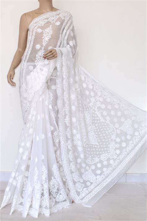 White Hand Embroidered Lucknowi Chikankari Saree Georgette With Blouse Fashion Saree