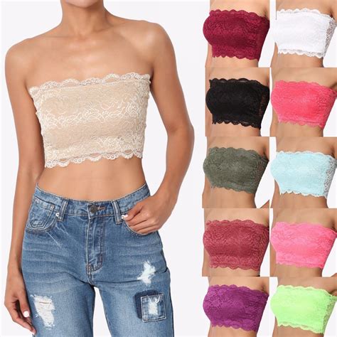 themogan floral lace crop bandeau stretch tube bra top strapless bralette tube bra strapless