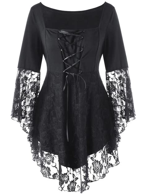 Gamiss Gothic Shirts Women Plus Size Square Collar Flare Sleeve Lace Hem Ladies Tops Black T