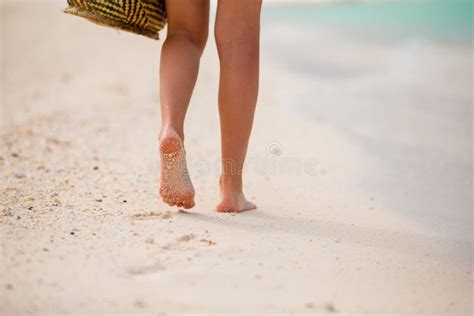 Close Up Of Female Feet On White Sandy Beach Stock Image Image Of