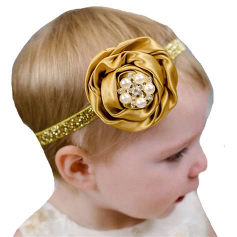 Girls Glitter Gold Headbands Kids Hair Bows Girls Satin Rolled Flower