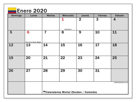Consulta todas las fechas oficiales, descarga el calendario con todos los meses del año y conoce en total, 10 festivos se llevarán a cabo un lunes. Calendario enero 2020, Colombia - Michel Zbinden ES