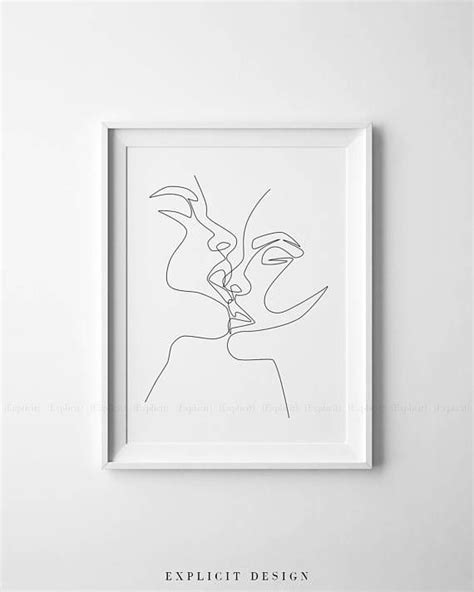 Couple Kiss Printable One Line Drawing Print Black And White Intimacy