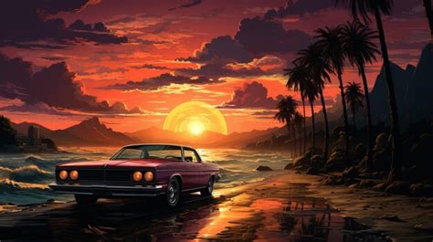 Premium Ai Image Summer Vibes 80s Style Illustration With Car Driving