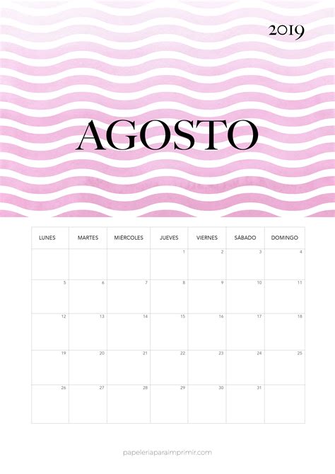Calendario Agosto 2019 Para Imprimir Gratis Paraimpri