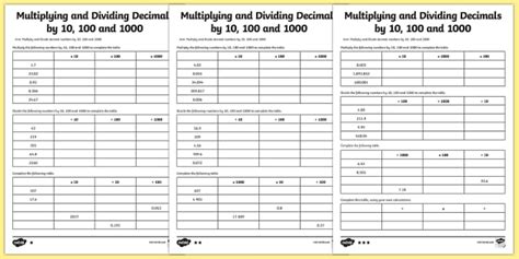 Multiplying And Dividing Decimals By 10 100 And 1000 Worksheet Worksheet