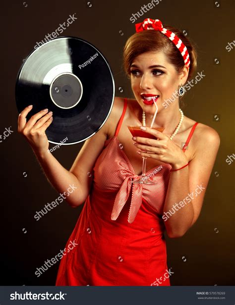 Retro Woman With Music Vinyl Record Pin Up Girl Drink Martini Cocktail Pin Up Retro Female
