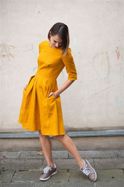 Mustard Linen Dress Linen Midi Dress For Summer Organic Etsy Linen