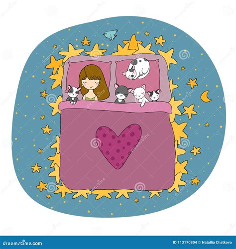 Sleeping Girl And Cat In Bed Good Night Stock Vector Illustration
