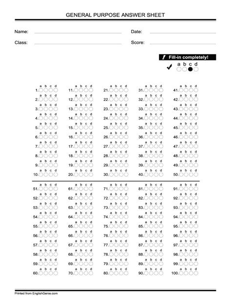 Printable Answer Sheet 1 50