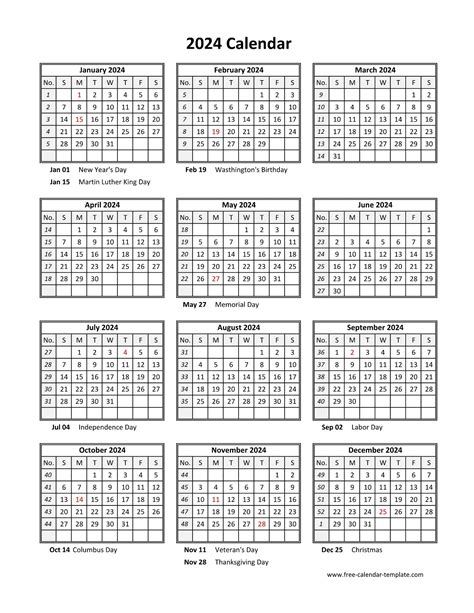 Yearly Printable Calendar 2024 With Holidays Free Calendar