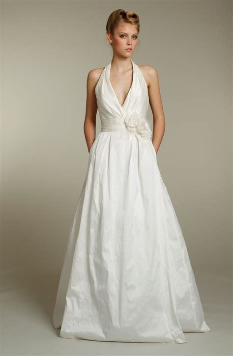 Classic Ivory Halter A Line Wedding Dress With Pockets And Floral