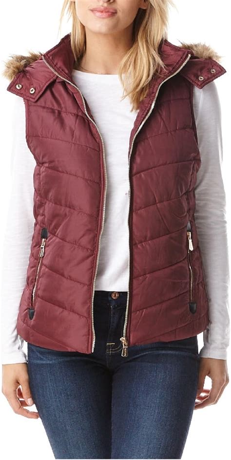 Womens Quilted Zipper Puffer Vest With Sherpa Lined Body And Faux Fur