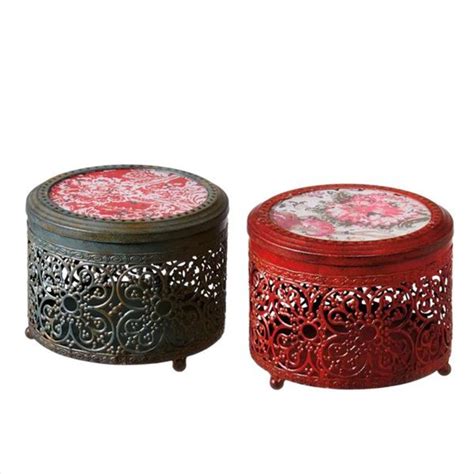 Pack Of 4 Antique Style Ornate Decorative Metal Boxes With Floral Lids