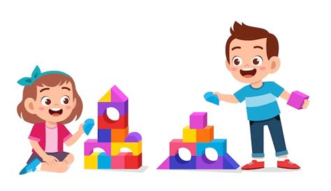 Premium Vector Happy Cute Kids Play Brick Block Together