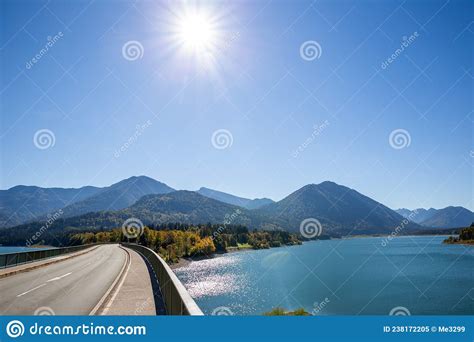 Faller Klamm Bridge Over Sylvenstein Reservoir In German Alps Stock
