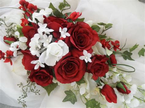 Red And White Bridal Brides Cascade Wedding Bouquet Silk