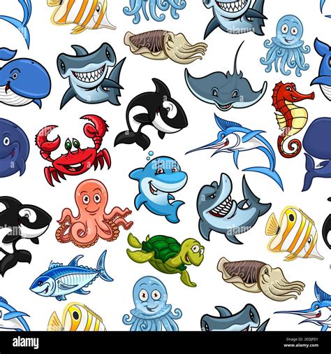 Cartoon Fishes And Ocean Animals Seamless Pattern Of Vector Sea Clown