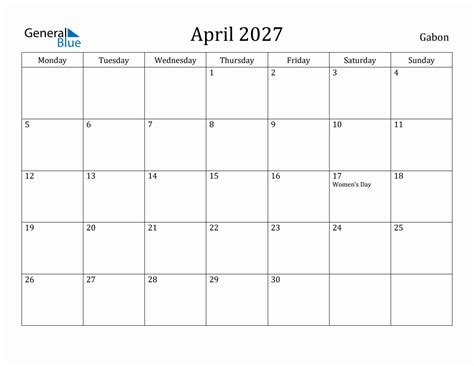 April 2027 Monthly Calendar With Gabon Holidays