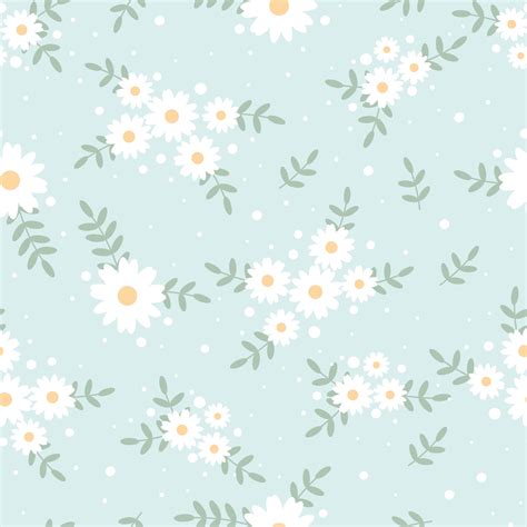 Cute Flat Style Tiny White Daisy Flower On Blue Background Seamless