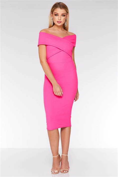 Hot Pink Wrap Bardot Midi Dress Quiz Clothing Bardot Midi Dress