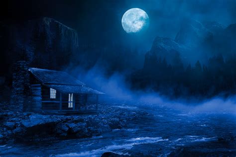 House Night Full Moon Fantasy Lake Flowing On Side 5k Wallpaperhd Artist Wallpapers4k