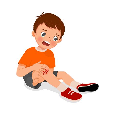 Sad Little Boy Has A Knee Injury Crying Holding His Scratch Bleeding