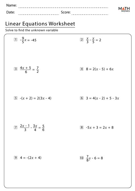 Linear Equations Worksheet For Grade Tessshebaylo