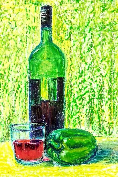 Still Life With Wine Bottle Oil Pastel Drawing T Item Drawing Oil