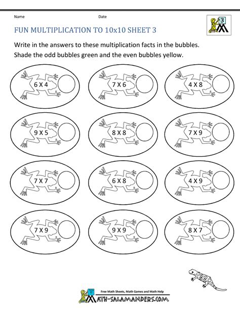 3rd grade math worksheets pdf printable, free printables, math worksheets 3rd grade, grade 3 math worksheets, third grade math printable tests on varied math topics studied at this level. Fun Multiplication Worksheets to 10x10