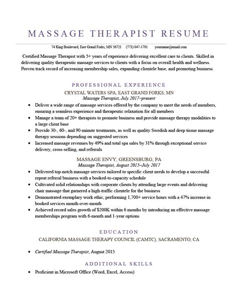 Massage Therapist Job Description For Resume Dubruichezlesfilles