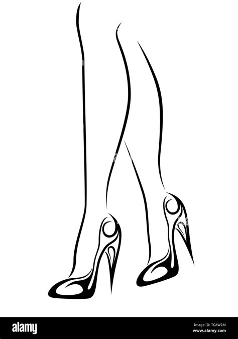 Graceful Outline Of Graceful Female Feet In Stylized Shoes With High Heels Black Over White