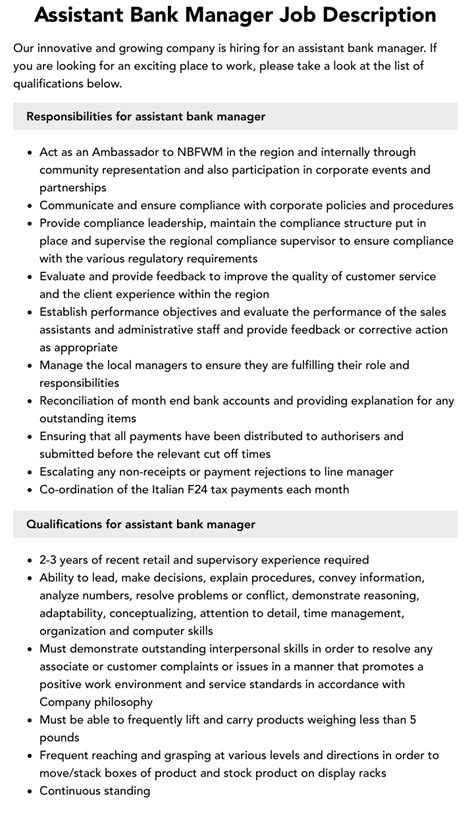 Assistant Bank Manager Job Description Velvet Jobs