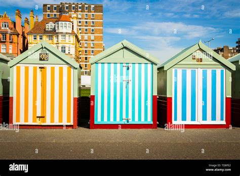 Landscape With Row Of Colorful Beach Huts Of Hove Brighton Uk Blue