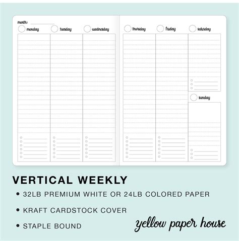 Travelers Notebook Insert Vertical Weekly Calendar Undated Yellow