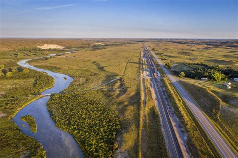 River Highway And Railroad In Nebraska Sandhills Stock Image Image