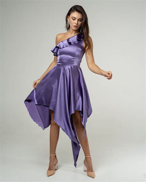 Satin Dress Purple Dress For The Prom Lavender One Shoulder Etsy