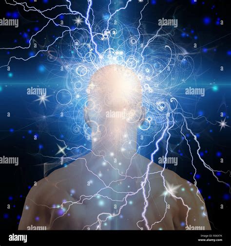 Surreal Digital Art Mans Head With Stars Lightnings And Clouds Stock