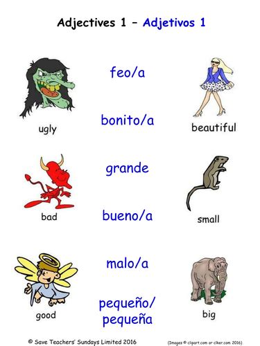 Adjectives In Spanish Activities 36 Pages Covering 216 Spanish