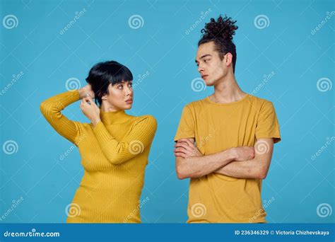 Kinky Guy And Girl Together Friendship Fun Blue Background Stock Image Image Of Love Summer