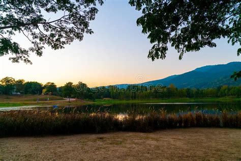 Beautiful Lake At Chiang Mai With Forested Mountain And Twilight Sky