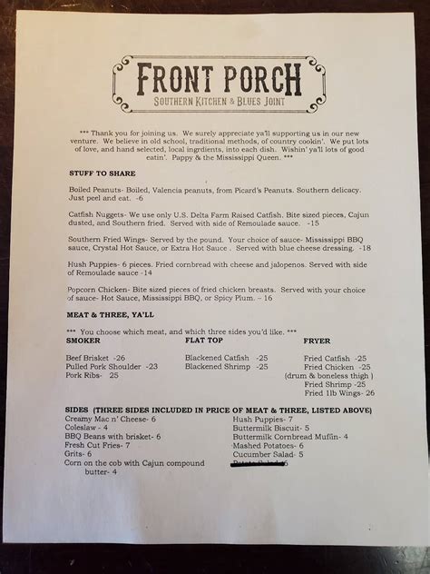 Menu At Front Porch Southern Kitchen And Blues Joint Restaurant Langton