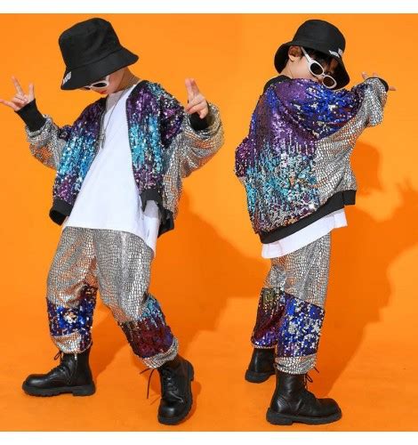 Boys Silver With Purple Sequined Jazz Street Dance Costume Childrens